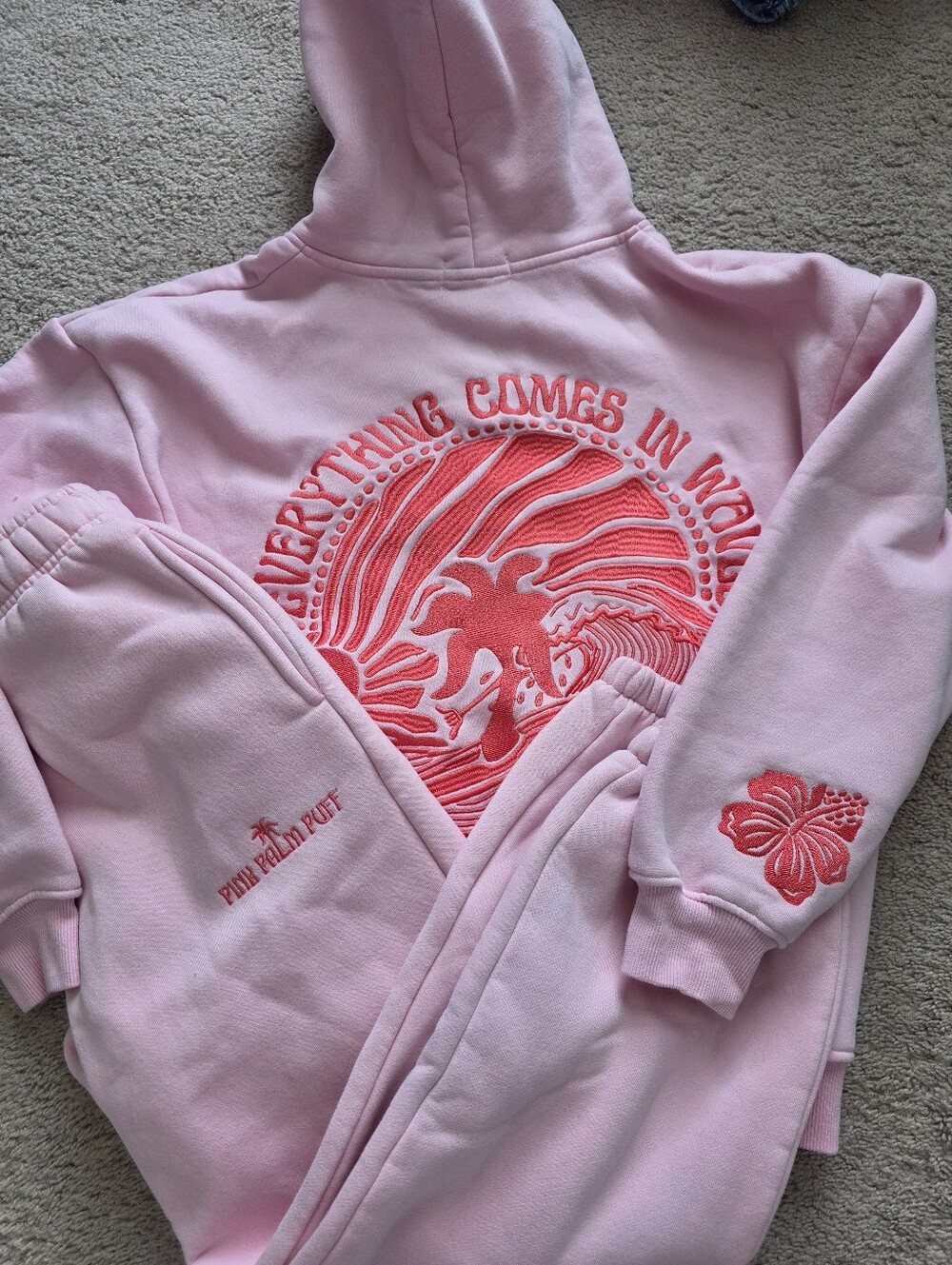 NEW Pink Palm Puff Everything Comes in Waves SET Hoodie & Pants Small